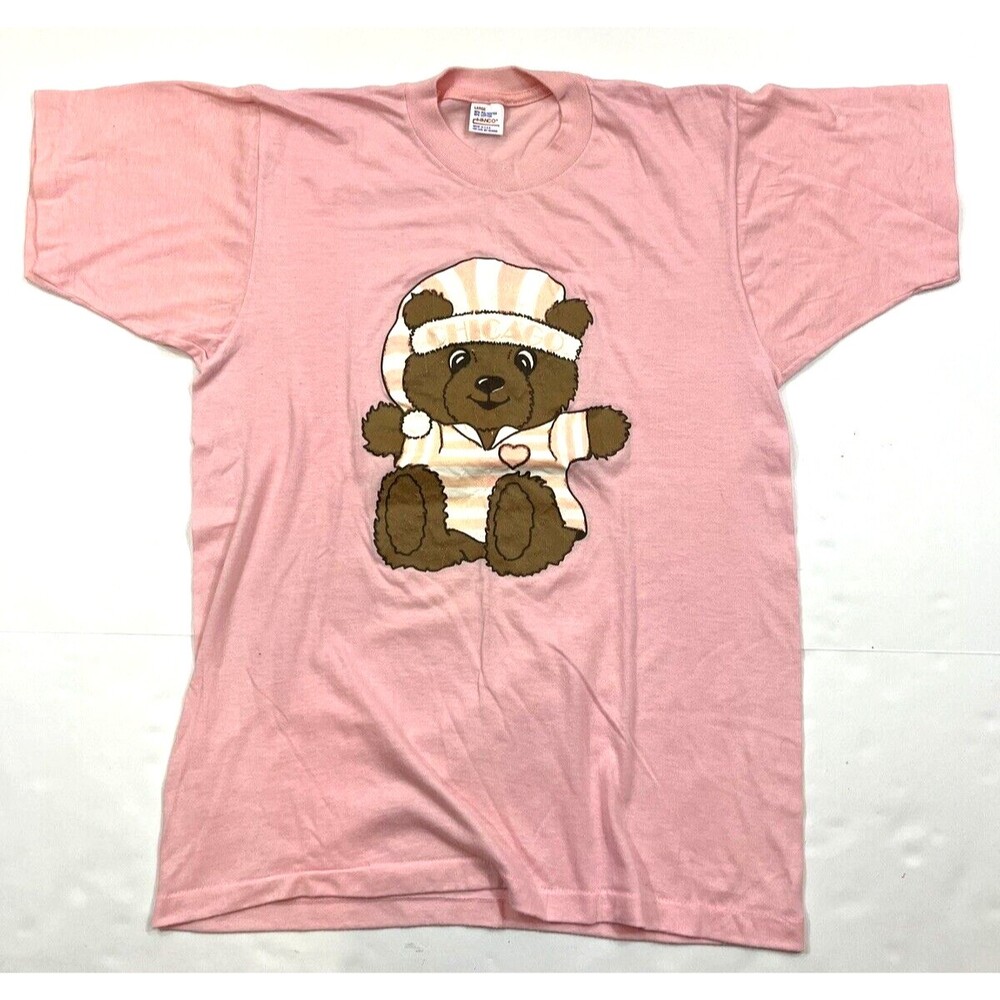 Vintage 80s Hanco Tee Women L Pink Chicago Teddy Bear Single Stitch Made in USA‎